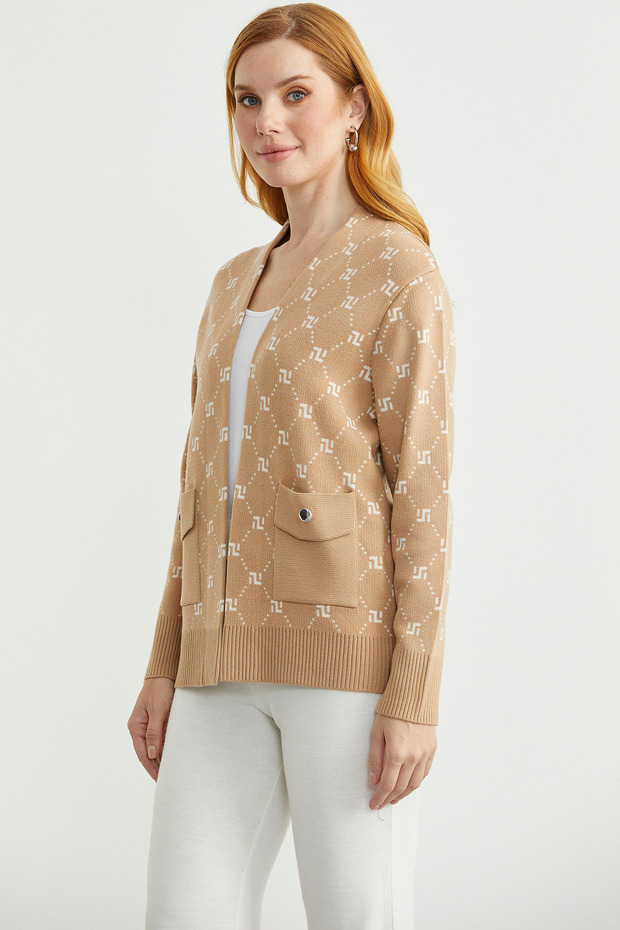 Logolu Cep Detaylı Oversize Triko Hırka - Kamel - 5