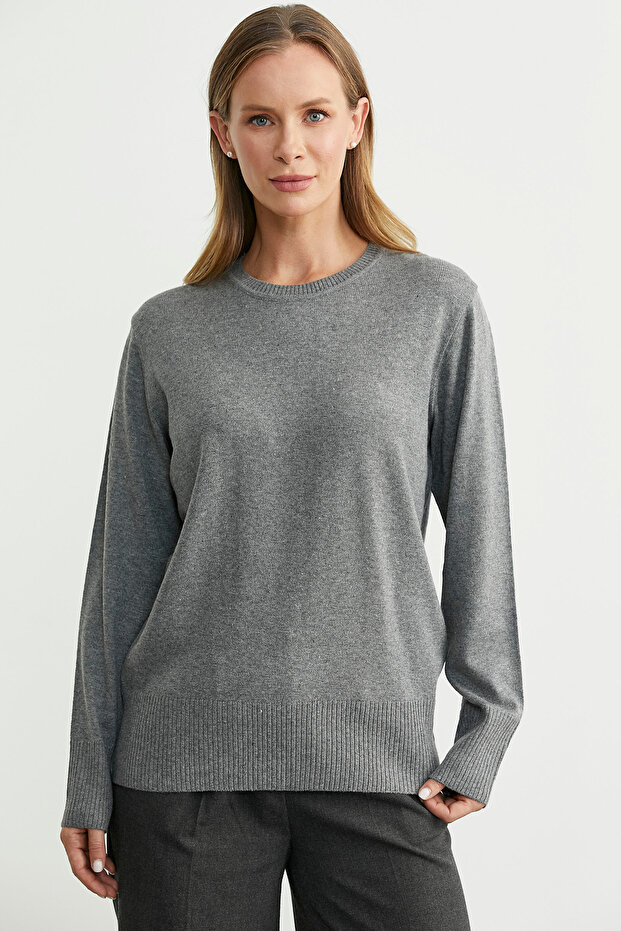 Bisiklet Yaka Yünlü Basic Triko Kazak - Gri - 1