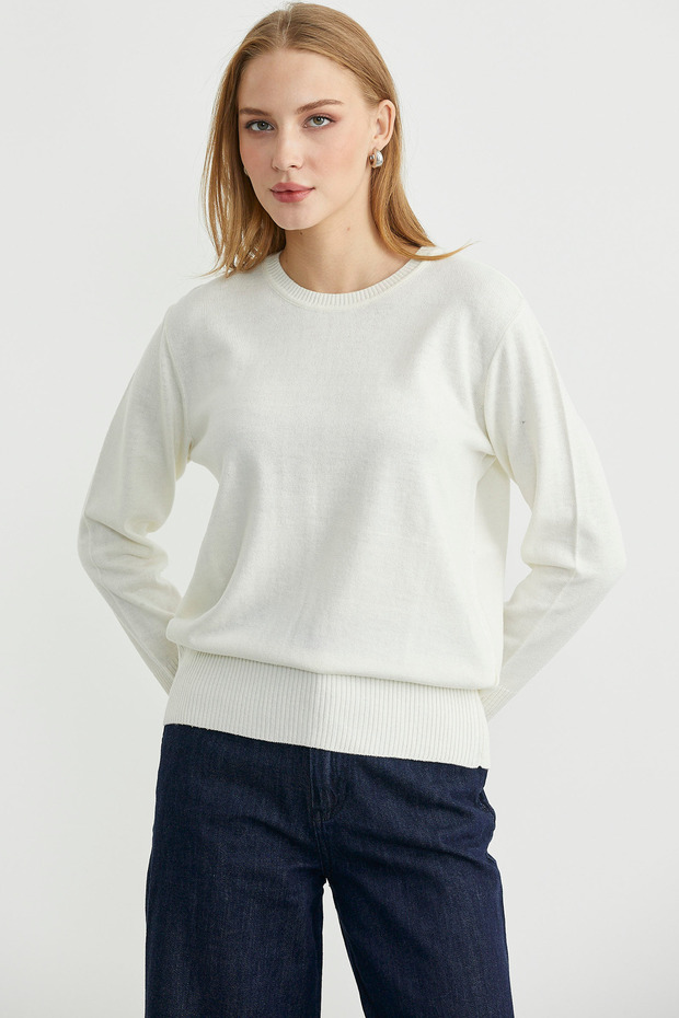 Bisiklet Yaka Yünlü Basic Triko Kazak - Kemik - 1