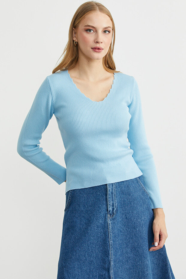 Fitilli Basic V Yaka Triko Kazak - Mavi - 5