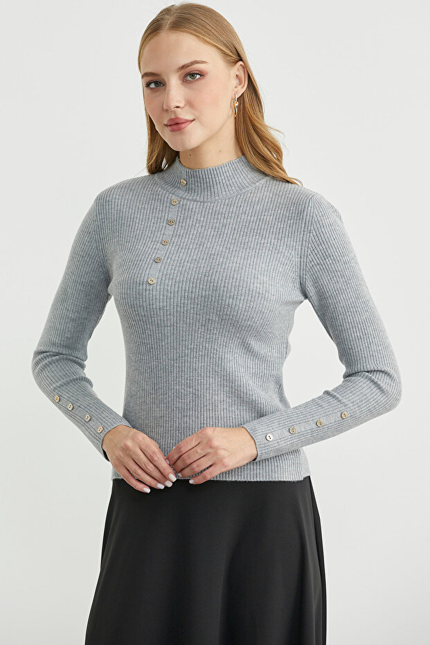 Fitilli Dik Yaka Basic Triko Kazak - Gri - 1