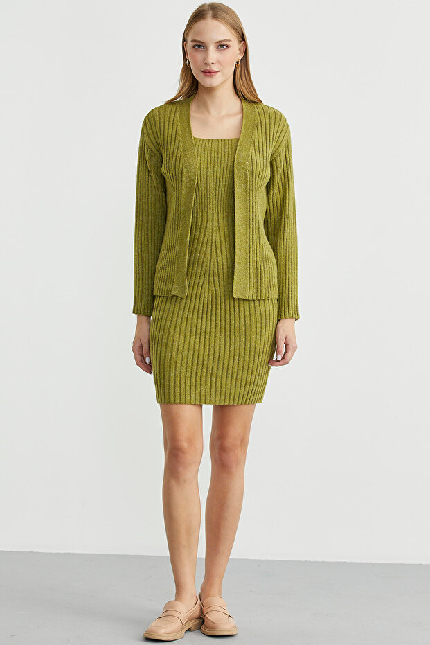 Double Dress Cardigan Knitwear Set - Green
