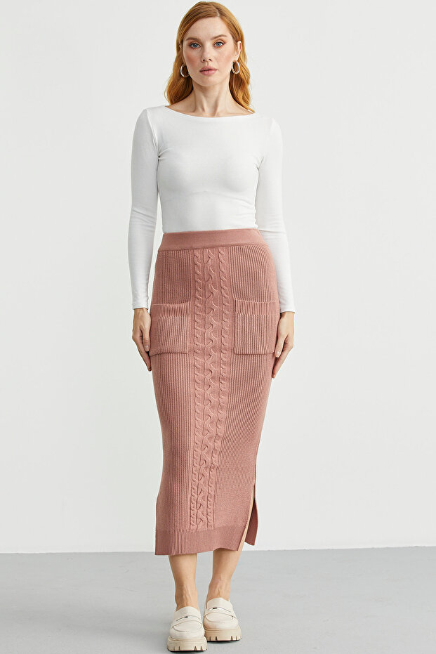 Long Knit Skirt with Pocket Detail - Rose