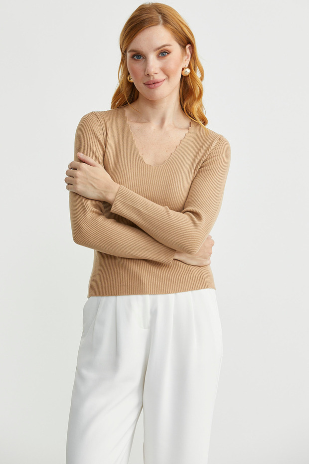 Fitilli Basic V Yaka Triko Kazak - Kamel - 4