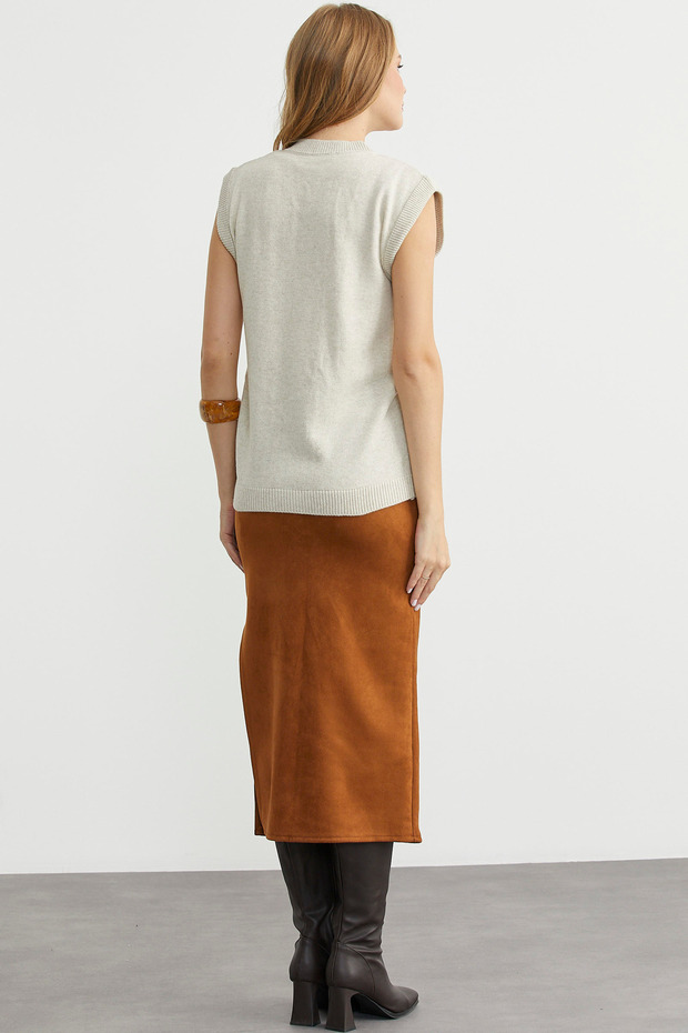 سترة صوفية محبوكة بأزرار - لون حجري - 6