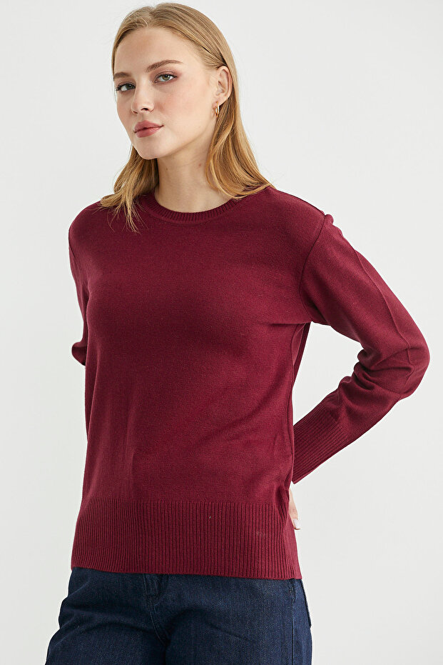 Bisiklet Yaka Yünlü Basic Triko Kazak - Bordo - 4