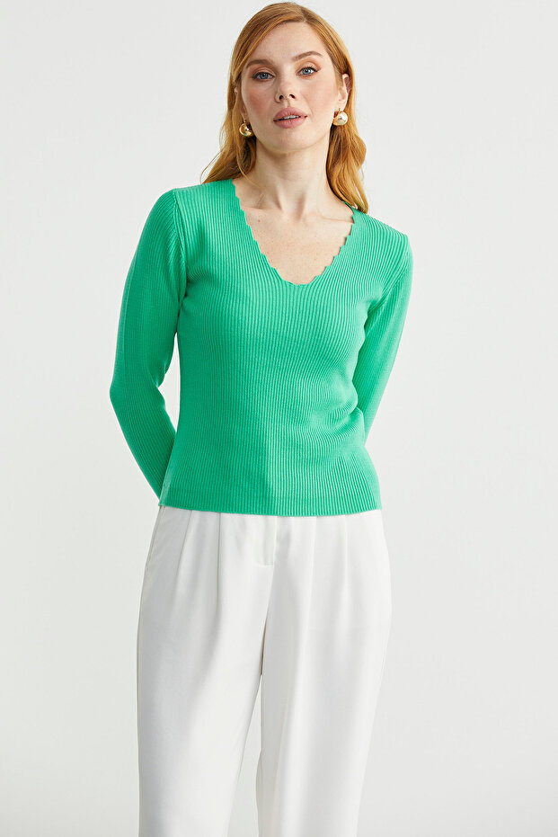 Ribbed Basic V-Neck Knit Sweater - Green - 3