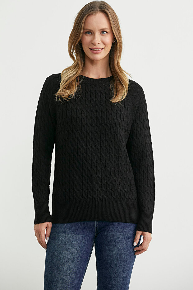 Round Neck Knit Sweater with Hair Braid Motif - Black