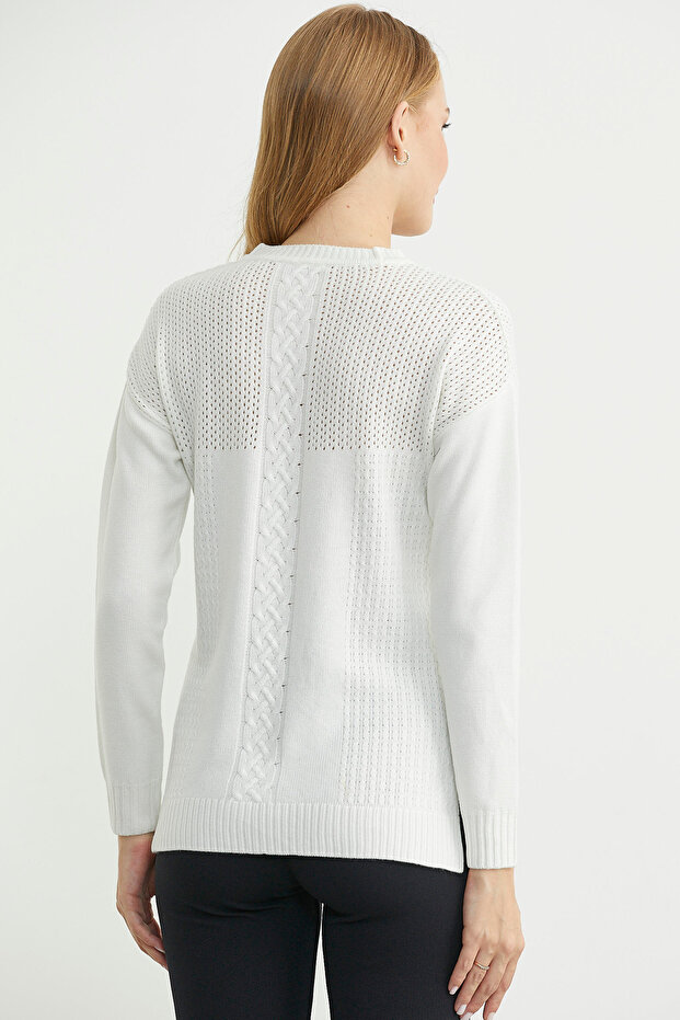 Patterned Long Back Knit Sweater - Bone - 6
