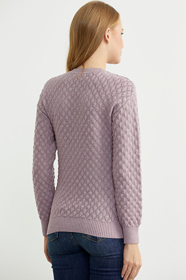 سترة تريكو بياقة دائرية مزخرفة - وردي - 5