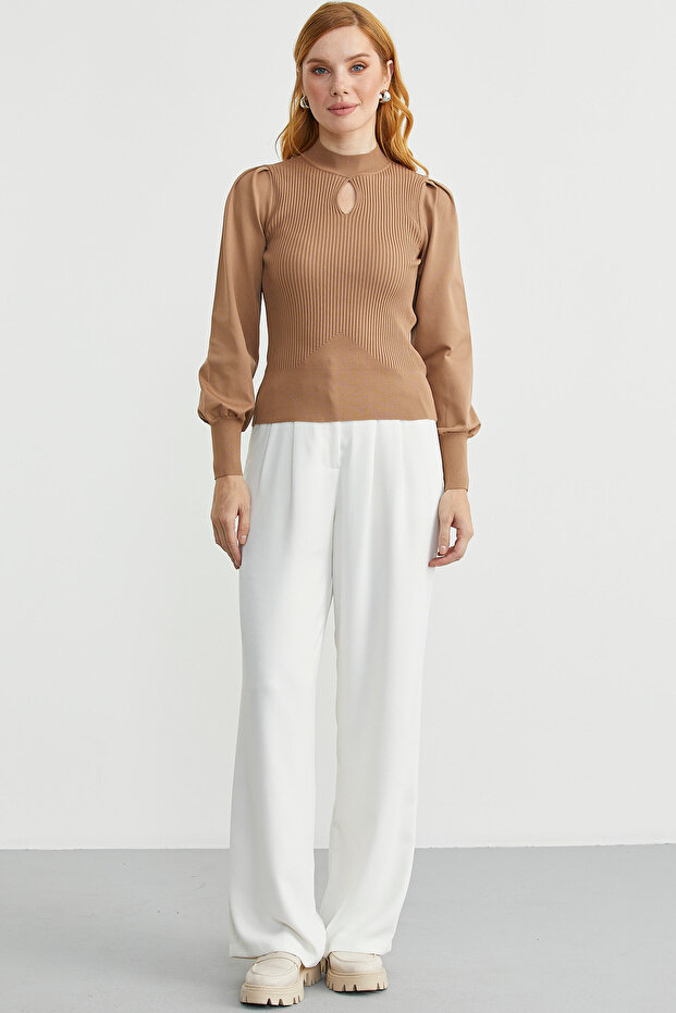 Dik Yaka Balon Kol Triko Kazak - Kamel - 2