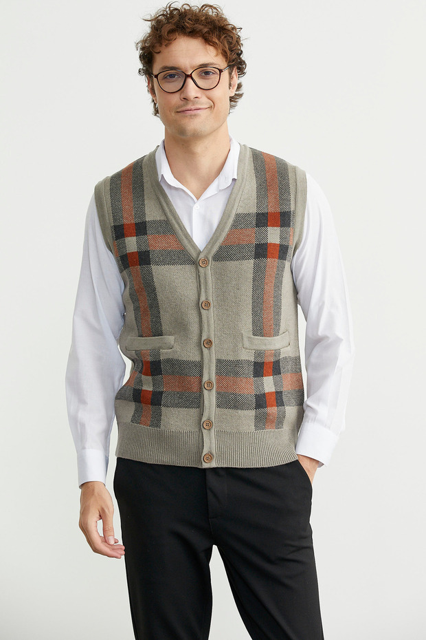 سترة صوفية سميكة بأزرار - لون المنك - 1