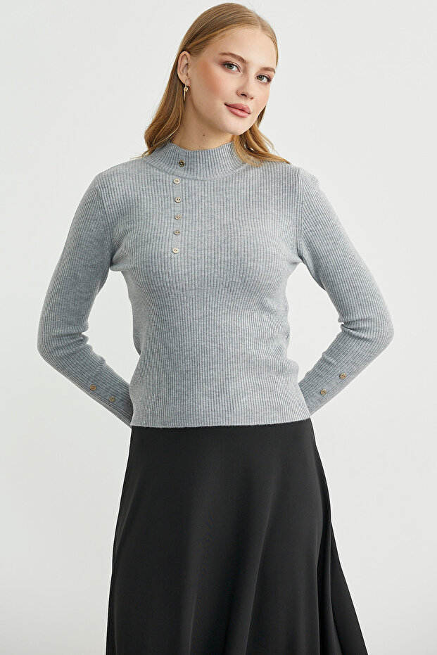 Fitilli Dik Yaka Basic Triko Kazak - Gri - 3