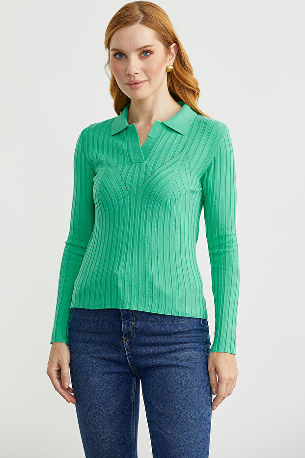 Polo Neck Ribbed Knit Sweater - Green
