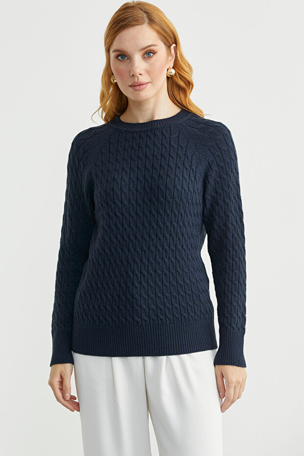 Round Neck Knit Sweater with Hair Braid Motif - Navy Blue