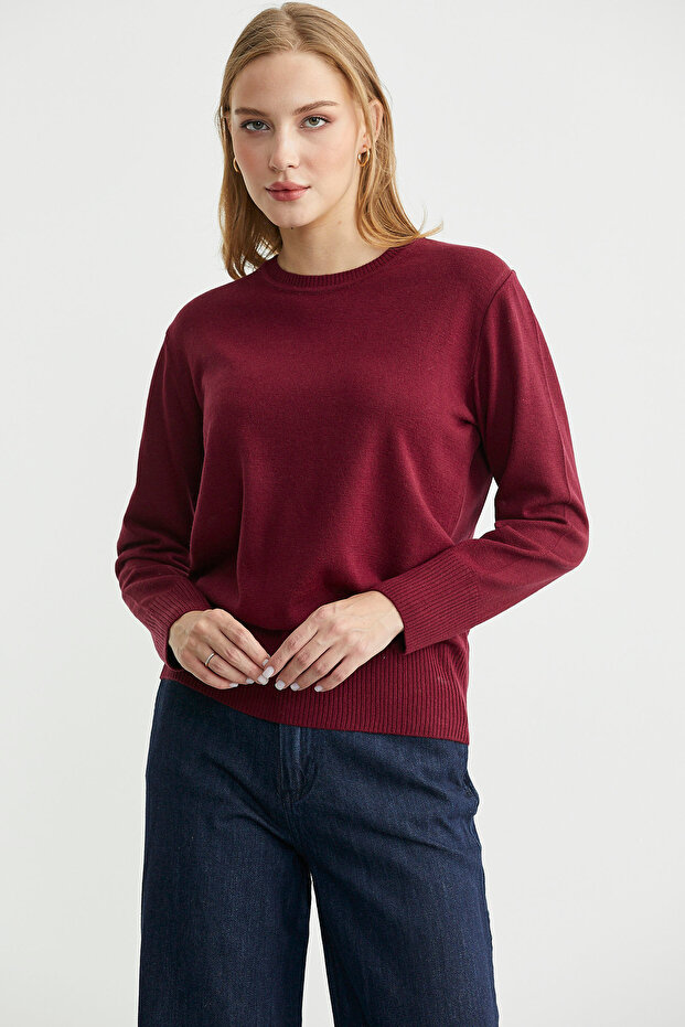 Bisiklet Yaka Yünlü Basic Triko Kazak - Bordo - 2