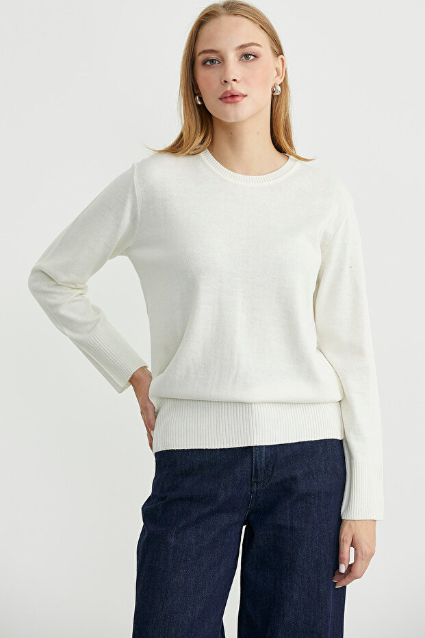 Bisiklet Yaka Yünlü Basic Triko Kazak - Kemik - 2