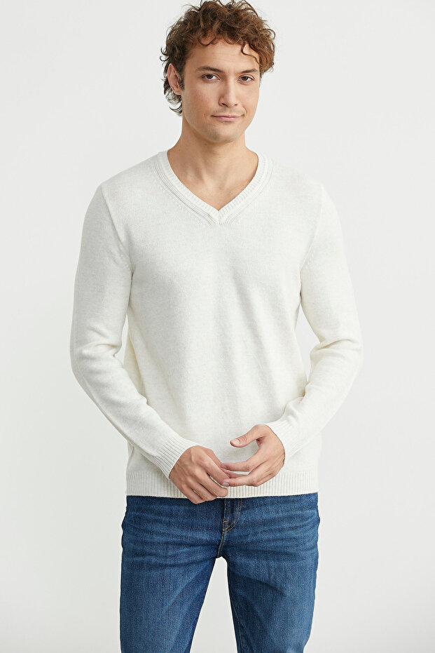 V Yaka Basic Triko Kazak - Kemik - 2