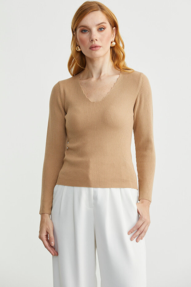 Fitilli Basic V Yaka Triko Kazak - Kamel - 2