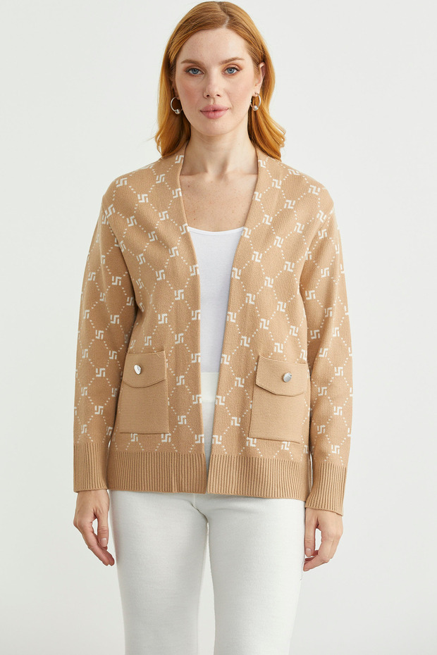 Logolu Cep Detaylı Oversize Triko Hırka - Kamel - 1