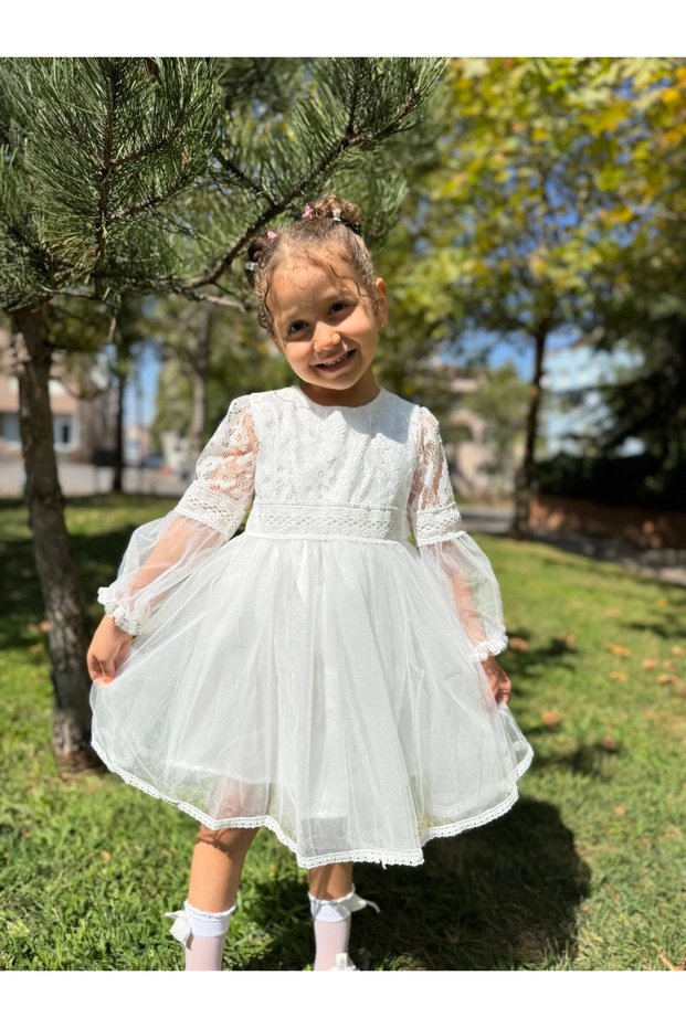 Baby Girl White Dress Tulle Tutu Lace Birthday Party Wedding Special Occasion Girls Kids Evening Dress