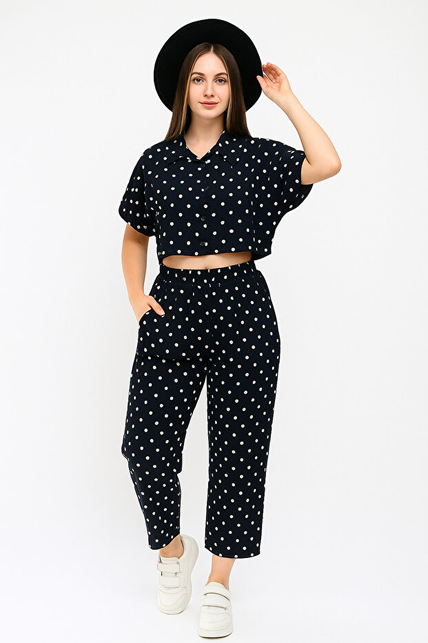 Women's Black Polka Dot Crop Top Shirt Pocketed Pants Set