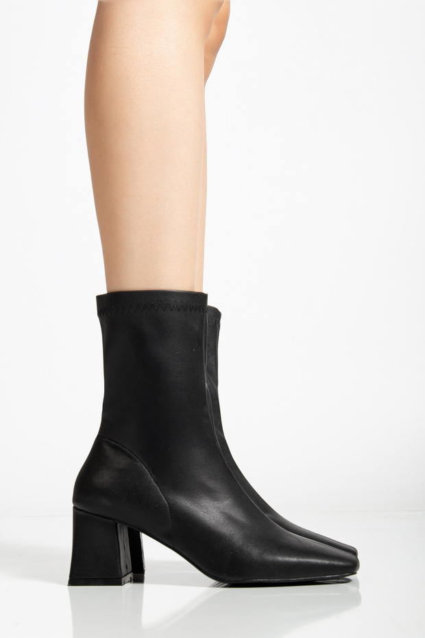 Women's Black Stretch Ankle Mid-Height Heel Boots