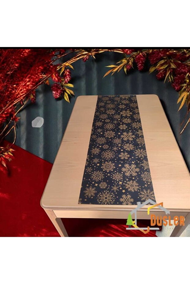 Snowy New Year Black Snowflake Patterned Flat Edge Rectangular Runner - 2