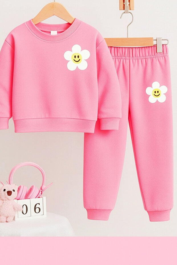 Girl's Printed Suit Without Cover Pant and Sweat Bottom Top 2-Piece Suit