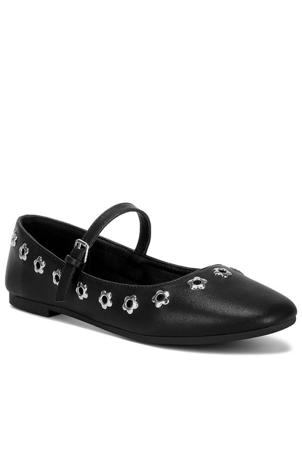 Women Floral Eyelet Strapped Ballerinas in Black