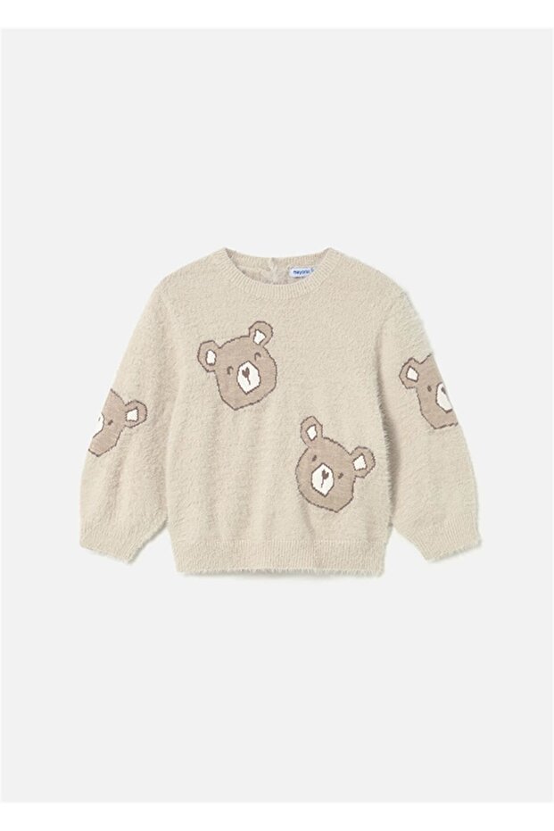 Baby Girl Bear Patterned Fur Sweater Beige 2356