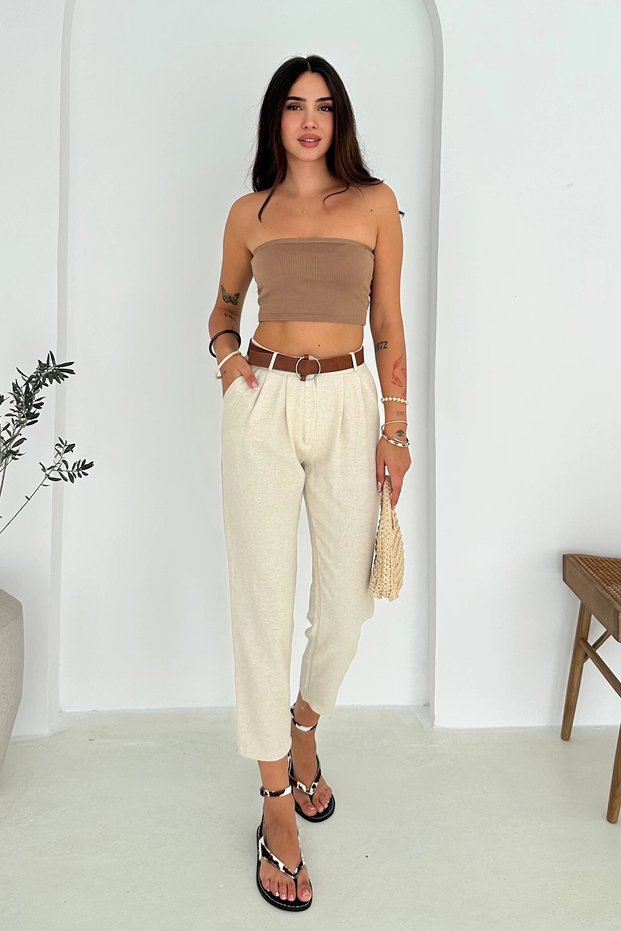 Belt Detailed Linen Trousers Cream