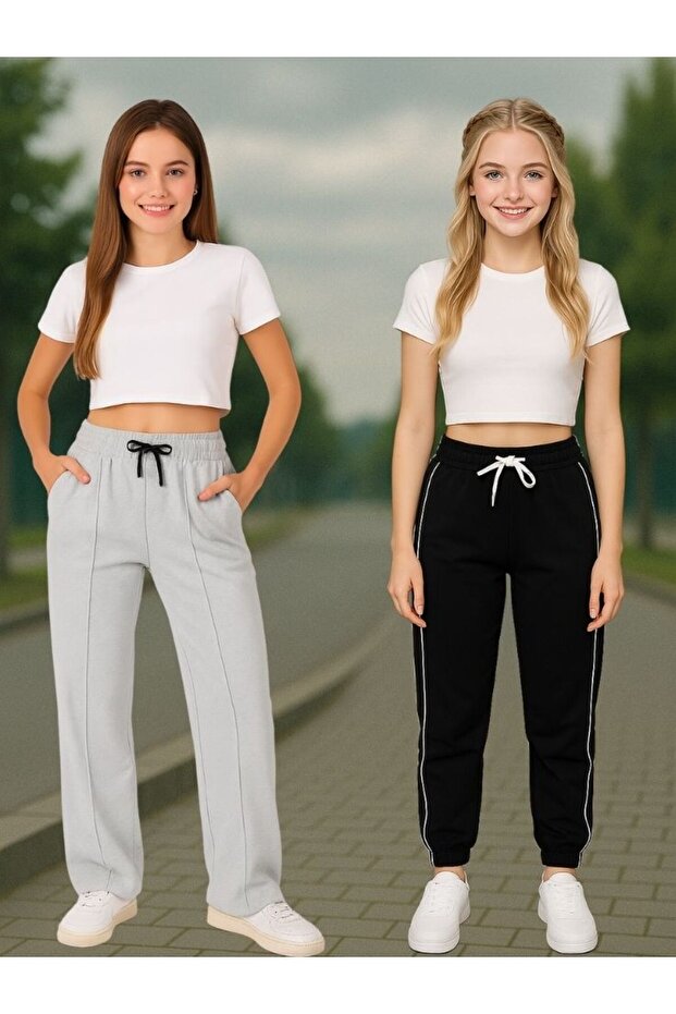 2-Piece Girls' Sports Casual Sweatpants with Elasticated Cuffs and Interlining - Cropped Length Not Included