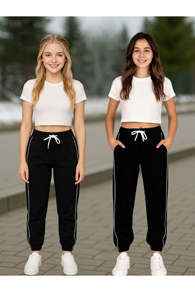 2-Piece Girls' Jogger Pants with Side Piping and Elasticated Legs ---- Crop Is Not Included