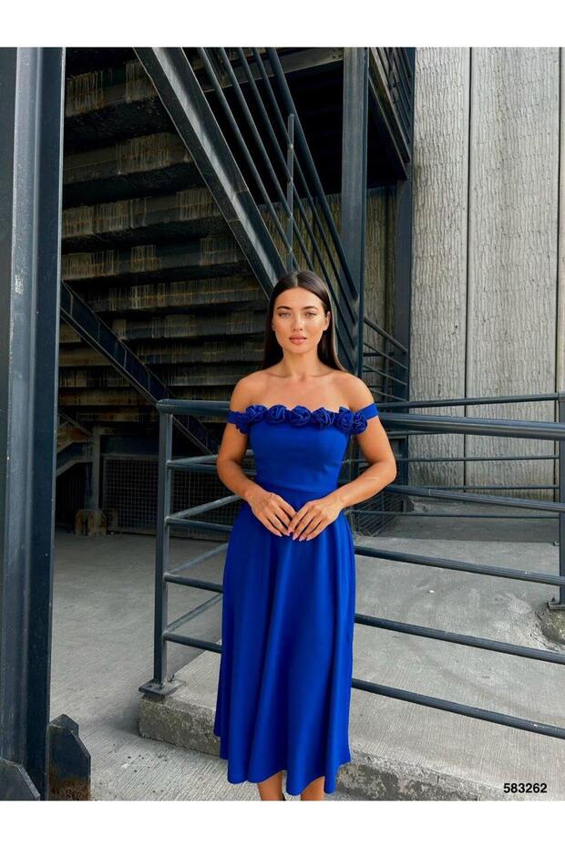 Crepe stretch fabric rose detail midi length evening dress 583262 cobalt blue