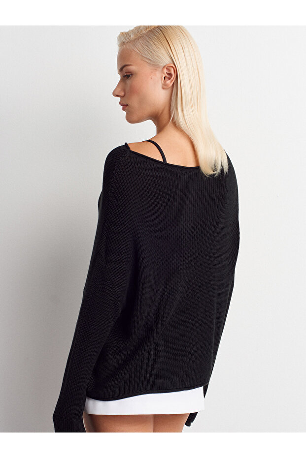 10804 Kayık Yaka Basic Triko Kazak-Siyah - 2