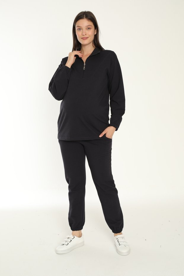 Comfort Fit Collar Zipper Detail Adjustable Waist Maternity and Postpartum Tracksuit Set