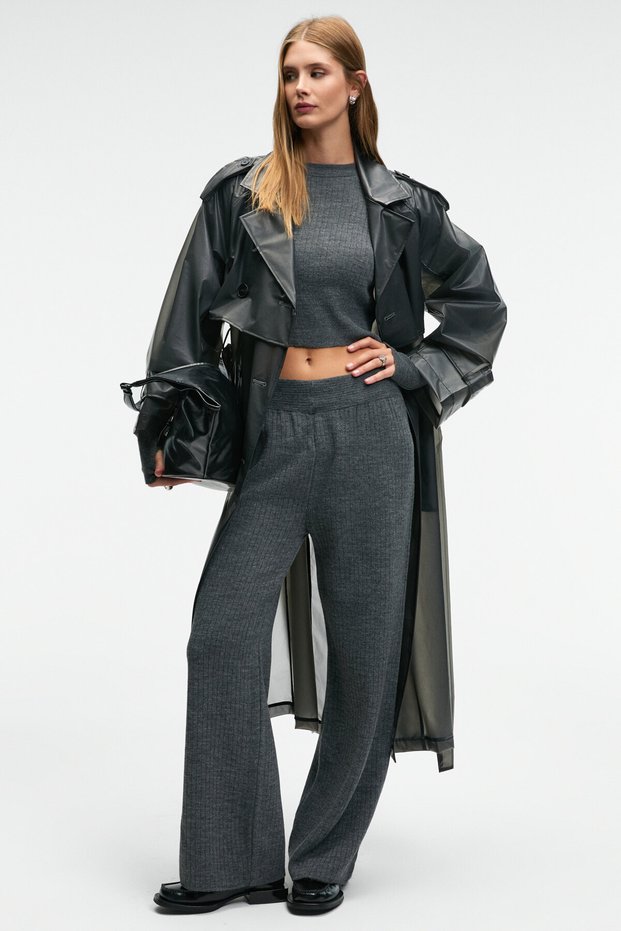 Mariposa women's round neck striped crop top and wide leg knit bottom set - anthracite