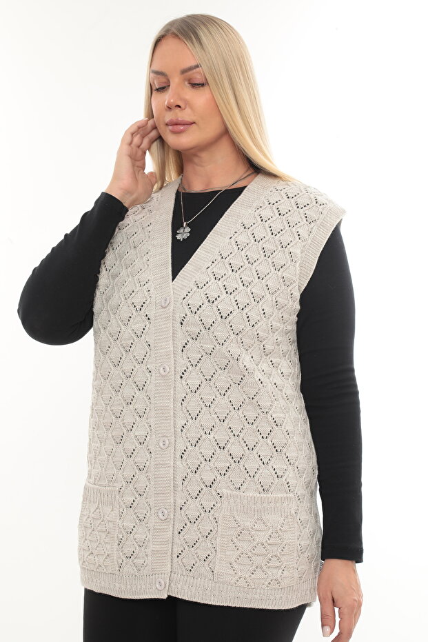 Women's V-Neck Thick Wool Baklava Model Knitwear Buttoned Pocketed Winter Mother's Vest