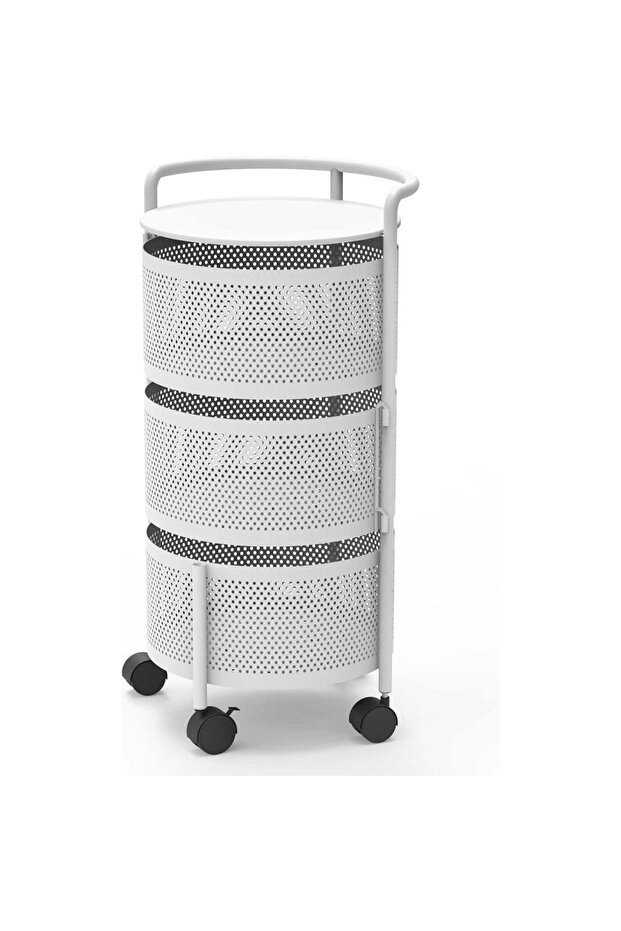 Rolling Storage Cart, Mobile Mesh Organiser with Wheels, White Metal Basket Tower for Kitchen