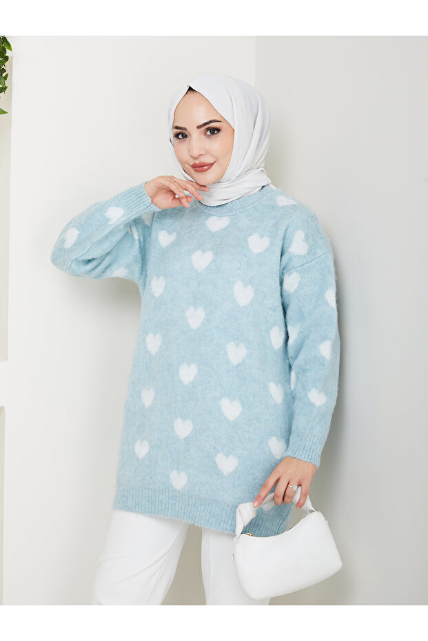 Yumoş ip Kalp Desen Triko Tunik Kazak - 6