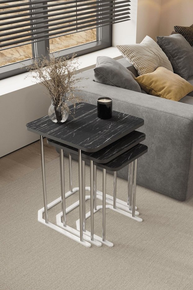 3' Square Zigon Coffee Table with Silver Legs and Black Marble Top