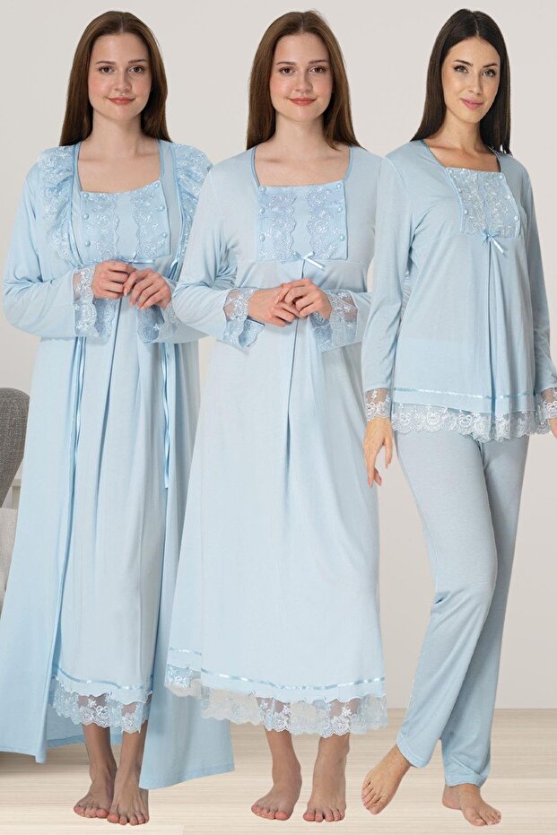 Women's Blue Lace Long Sleeve Special Design Cotton Maternity Pajamas Set Nightgown Set