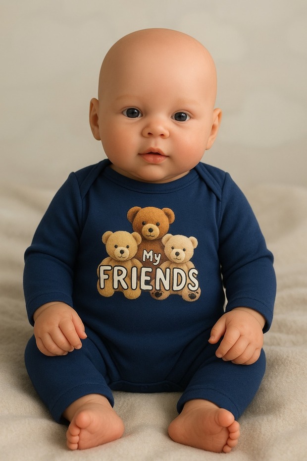 My Friends Written Bear Patterned Baby Boy Snap-On Bodysuit