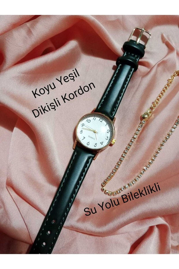 Vintage Retro Model Dark Green Strap Women's Wristwatch - Gold Color Case - with Waterway Bracelet