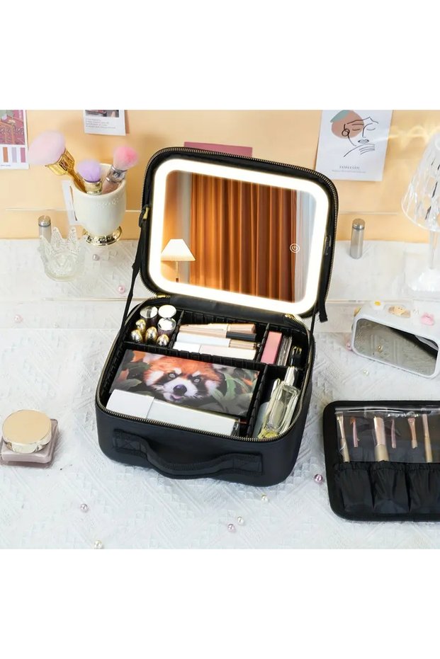 Makeup Bag with Mirror and Lights 3 Colors, Portable Lighted with Mirror for Travel (White)