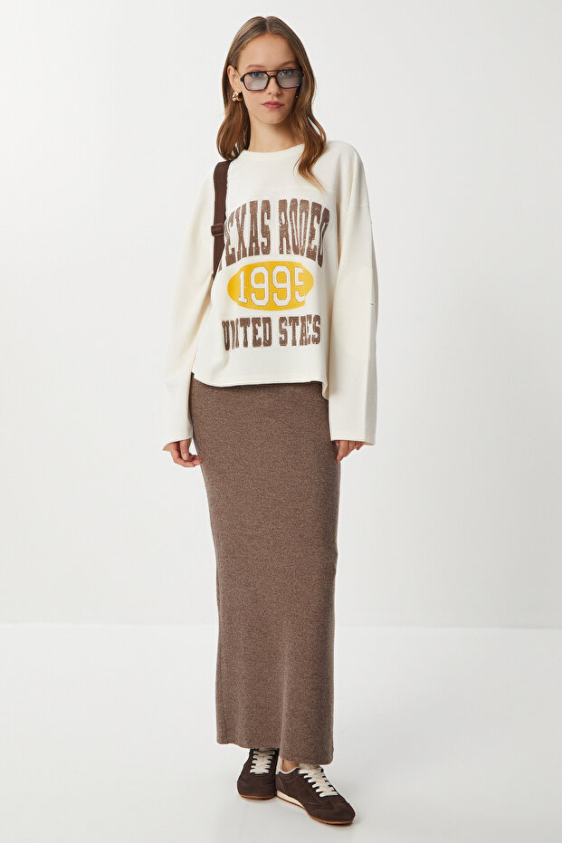 Soft Knitted Skirt with Slits Lub0226 Brown