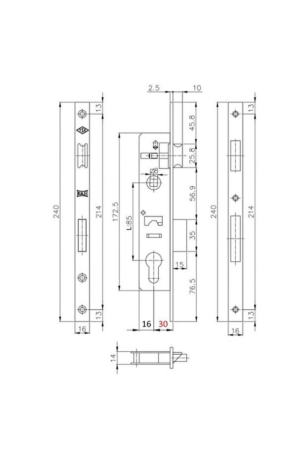 Recessed Lock, 153P, PVC Frames, with Latch, Backset 30mm, Interax 85mm - 2