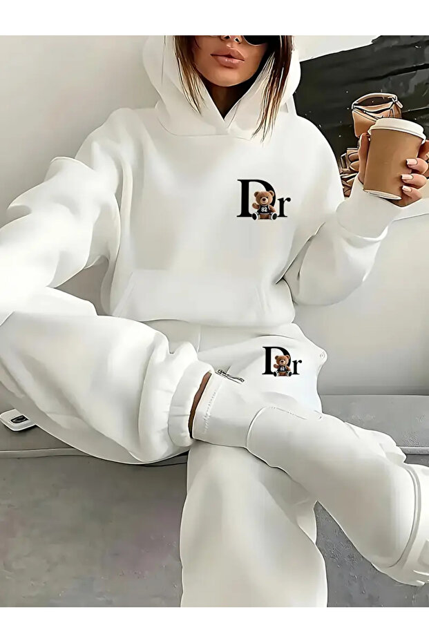 Unisex Men's and Women's Dr Teddy Bear Printed Oversize 3 Thread Hooded Tracksuit Set