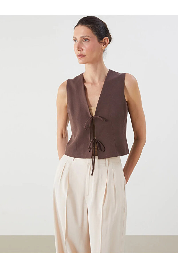 Brown Bowknot Linen Blend Women's Classic Vest